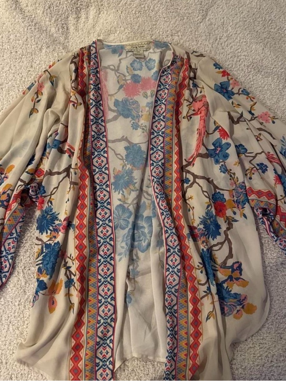 Flying Tomato Cream Floral Open-Front Kimono with Blue & Pink Accents